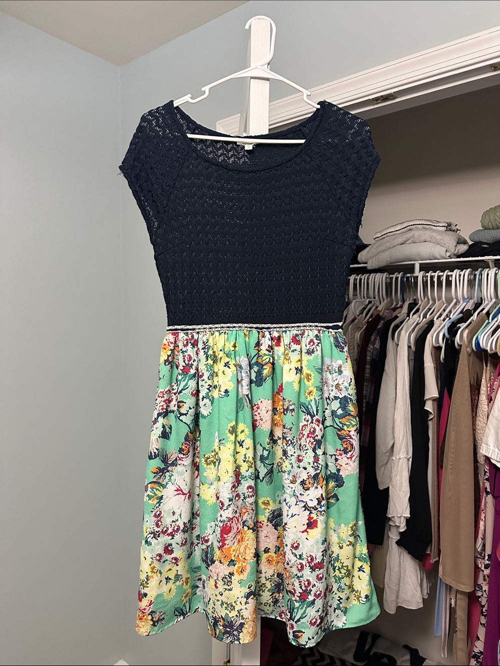 Anthropologie Navy Crochet Top Floral Skater Dress - Mint Floral